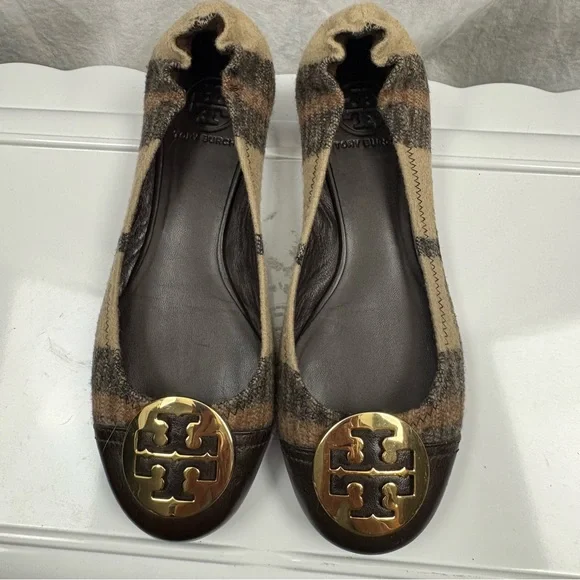 TORY BURCH Serena Plaid Medallion Logo Ballerina Flats. - Picture 2 of 10